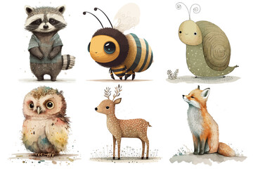 Canvas Print - Safari Animal set deer, owl, wasp, raccoon, snail, fox in 3d style. Isolated. Generative AI