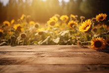 Summer Field Of Sunflowers During Sunset. Blurred Background With Empty Wooden Table With Free Space For Product Display And Mockup, Copy Space, Small Depth Of Field, Ai Generated – Human Enhanced