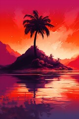 Summer tropical background with palm trees, sky and sunset. Summer poster flyer invitation card - Generative AI