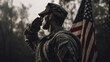 Army Soldier male saluting to American flag, Military uniform, Veterans Day, USA patriotism, Memorial Day, Independence Day concept 