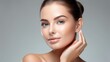 © piai - Portrait of woman, skincare and beauty cosmetics for shine, wellness or healthy glow on studio background. Happy model touching face after facial laser aesthetics, chemical peel and clean dermatology.