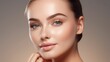 © piai - Portrait of woman, skincare and beauty cosmetics for shine, wellness or healthy glow on studio background. Happy model touching face after facial laser aesthetics, chemical peel and clean dermatology.