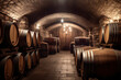 The wooden barrels and red wine in the wine cellar. AI technology generated image