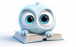A blue character with large, soulful eyes, resting on an open book, portraying curiosity or learning, fitting for school-related advertising or educational initiatives.