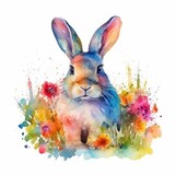 Fototapeta Na drzwi - Watercolor Painting of Bunny in Colorful Flower Field - Animal Art, Nature Art - Ideal for Greeting Cards and Art Prints - Generative AI