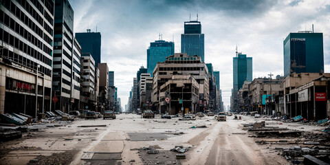 abandoned broken big city with skyscrapers after a disaster - tornado, earthquake or war. the concep