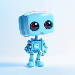 A blue robot with red eyes standing on a white surface. AI generative.