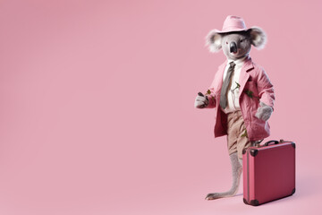 elegantly dressed business koala with a briefcase on a pink background, Generative AI