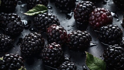Wall Mural - Fresh Blackberries with Water Drops on Dark Background