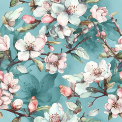 Wall Mural -  Watercolor of Seamless Floral Painting . Apple Tree Blossom .AI generated Illustration.