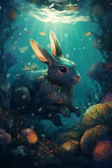 Wall Mural - Underwater Rabbit Bunny with Colorful Fishes Abstract Art Generative AI