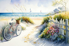 Summer Serenity: A Watercolor Painting Of An Ocean Summer Scene With A Beach, Fence, Bike.
