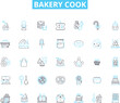 © Nina - Bakery cook linear icons set. Dough, Yeast, Flour, Oven, Whisk, Piping, Mixing line vector and concept signs. Kneading,Rolling,Butter outline illustrations Generative AI