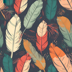  Feather seamless pattern on grey background. Vintage card for fabric design. AI generative