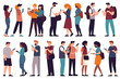 © chandlervid85 - People holding, using mobile phones set. Characters with smartphones in hands. Men, women use cellphones, surfing internet, chatting. Flat graphic vector illustrations. Ai generative