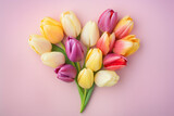 Fototapeta Tulipany - Mother's Day Tulip Heart, Love, Blooms, Pastel Backdrop, Springtime Celebration