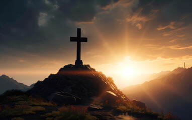 Silhouette cross mountain sunset background. Easter concept. Generative ai