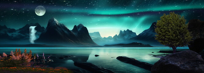 Wall Mural - beautiful nature landscape,mountains in lagoon with waterfall and trees rock and wild flowers at nig