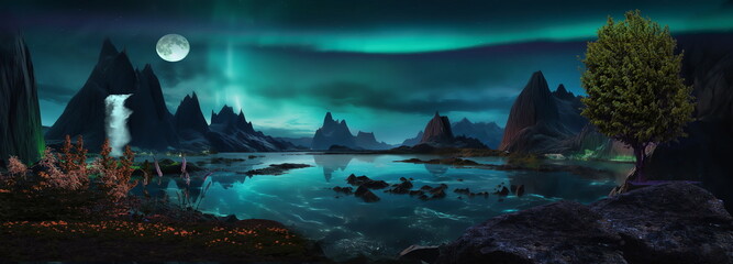 Wall Mural - aurorabeautiful nature landscape,mountains in lagoon with waterfall and trees rock and wild flowers 