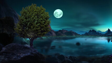 Wall Mural - beautiful nature landscape,mountains in lagoon with waterfall and trees rock and wild flowers at nig