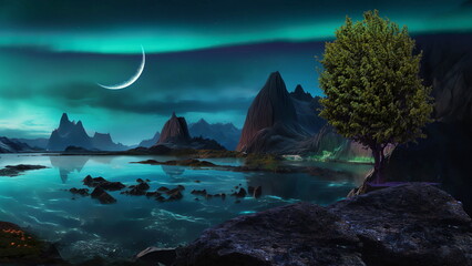 Wall Mural - beautiful nature landscape,mountains in lagoon with waterfall and trees rock and wild flowers at nig