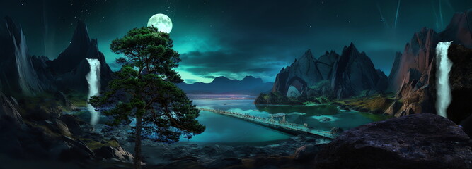 Wall Mural - beautiful nature landscape,mountains in lagoon with waterfall and trees rock and wild flowers at nig