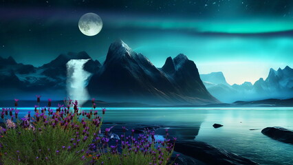 Wall Mural - beautiful nature landscape,mountains in lagoon with waterfall and trees rock and wild flowers at nig