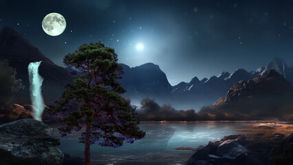 Wall Mural - beautiful nature landscape,mountains in lagoon with waterfall and trees rock and wild flowers at nig