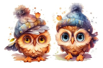 Two owls sitting on a branch. AI generated art illustration.