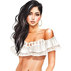 llustration in a watercolor style, concept portrait of a fictional elegant young woman in a white short top with bare shoulders. Female creative social media avatar on white background. AI generation