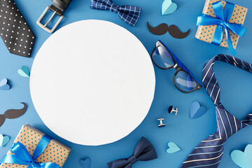 Give your dad gift of style this Father's Day with our trendy concept. Top view flat lay photo of gift boxes men's accessories and paper hearts on blue background with circle blank for text or advert