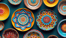 Bright Painted Ceramic Plates With An Oriental Pattern On A Blue Background. Generative AI