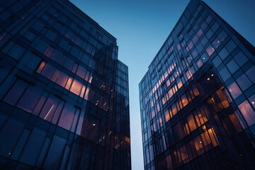 Poster - Modern glass office buildings skyscrapers at night. Generative AI	