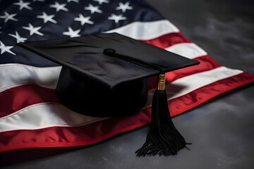 Wall Mural - Graduation cap on American flag, Generative AI 1