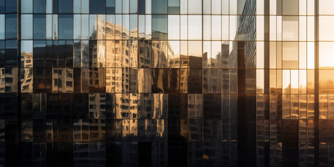 reflection of the sun's rays on the glass facade of a modern office building. generative ai