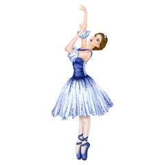 Dancing prima ballerina in elegant blue tutu and pointe shoes. A girl in a flexible pose on her toes. A performance in the theater, a rehearsal in a dance class. Isolated digital illustration.