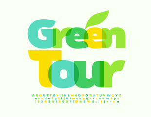 vector creative emblem green tour. modern watercolor font. artistic alphabet letters, numbers and sy