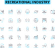 © Nina - Recreational industry linear icons set. Adventure, Leisure, Entertainment, Amusement, Relaxation, Fun, Excitement line vector and concept signs. Travel,Activities,Attractions outline Generative AI