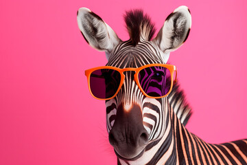 Wall Mural - Portrait of a trendy zebra wearing cool sunglasses. Summer holiday concept. Generative ai