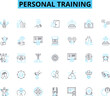 © Nina - Personal training linear icons set. Fitness, Exercise, Strength, Endurance, Conditioning, Health, Flexibility line vector and concept signs. Agility,Wellness,Motivation outline Generative AI