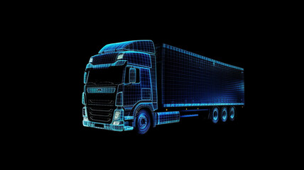 Digital European truck in mesh data design on highway, black and blue