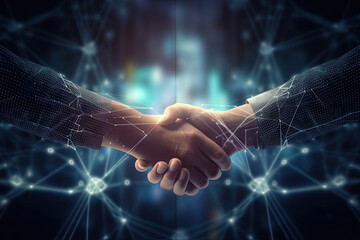 Business finance handshake partnership, investment agreement, financial deal, corporate contract, business acquisition, trading stocks and crypto, money technology asset background. Generative AI