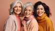 Three senior women showcase their fashion sense and joyful spirits in a studio with a light pink backdrop. Generative AI