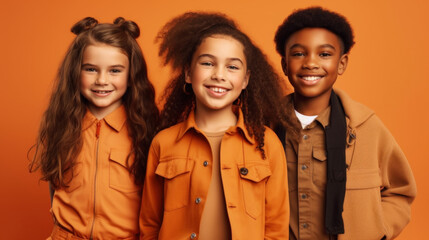 Three happy school kids standing together and smiling on an orange background. Generative AI