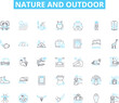 © Nina - Nature and outdoor linear icons set. Wilderness, Mountains, Forests, Rivers, Oceans, Landscapes, Wildlife line vector and concept signs. Sunsets,Waterfalls,Hiking outline illustrations