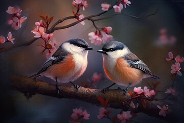 Naklejka na meble Couple of romantic budgies birds on a branch. Love concept. Generative AI