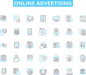  Online advertising linear icons set. PPC, Impressions, Clicks, CTR, Analytics, Banners, Retargeting line vector and concept signs. Conversion,Keywords,SEO outline illustrations