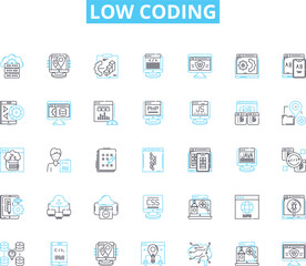 Low coding linear icons set. Simplify, Efficiency, Intuitive, Agile, Rapid, Streamline, Productivity line vector and concept signs. Automate,Scalable,Flexibility outline illustrations