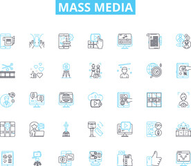Mass media linear icons set. News, Journalism, Advertising, Radio, Television, Internet, Press line vector and concept signs. Magazine,Newspaper,Media outline illustrations