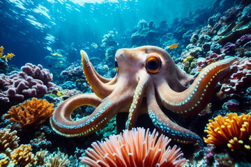 Wall Mural - Underwater view of giant octopus with beautiful natural ocean background. Life in the coral reef underwater. Wildlife concept of ecological environment. Generative AI